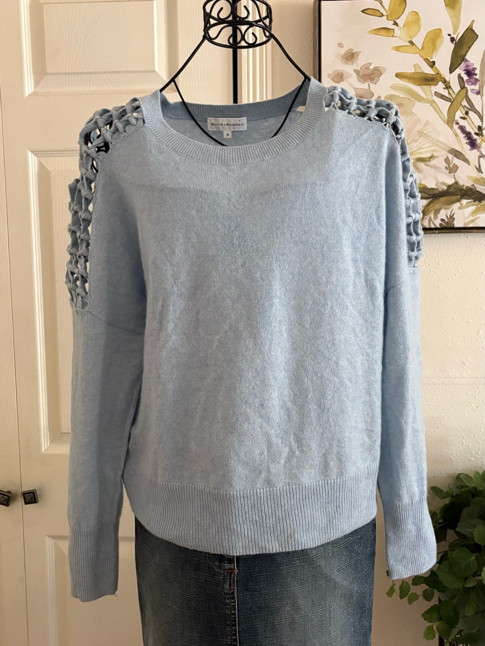 White + Warren Cashmere Pale Blue Crewneck Sweater with Open-Shoulder Crochet